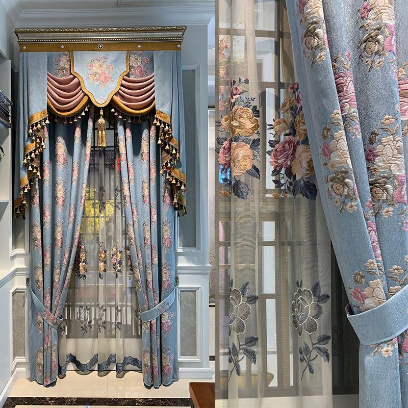 

Embroidered Chenille Shading European-Style Blue Jacquard Curtains for Living Room Bedroom Curtains Luxury Home Decor1, Tulle