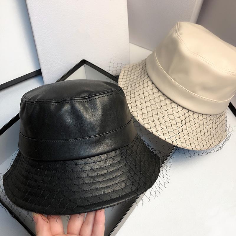 

2021 New Bucket Hat Faux Leather Bucket Hats PU Solid Top Women's Fashion Cap Panama Fisherman Caps Elegant Net Yarn, A1