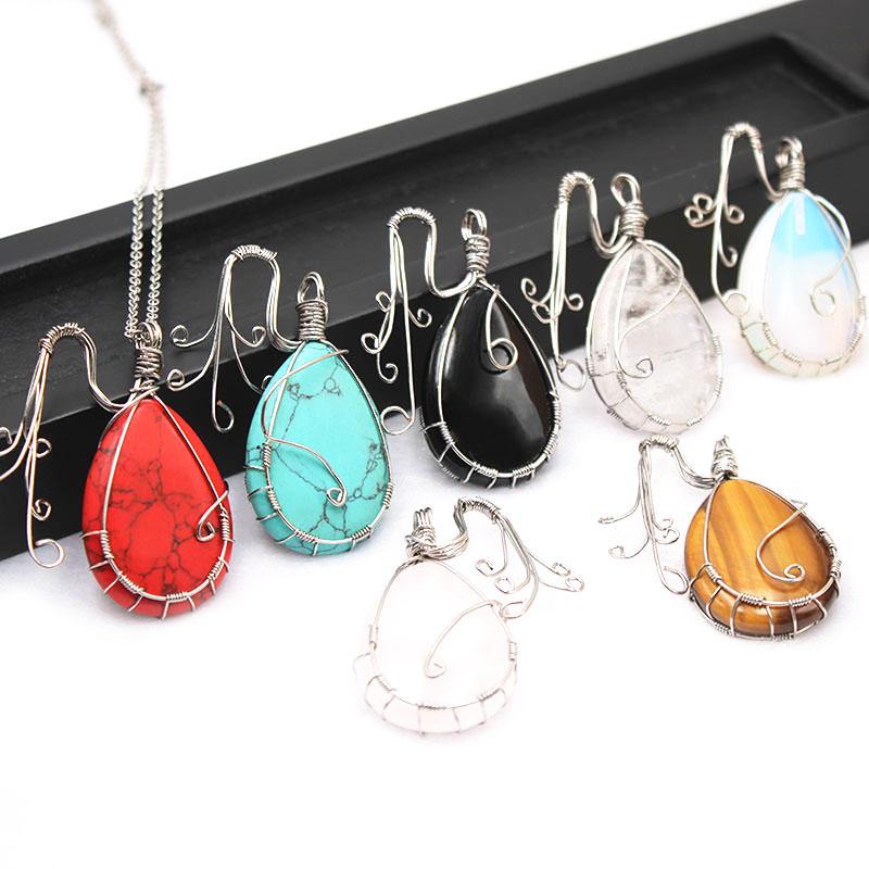 

Musical Note Necklace Natural Stone Pendant Silver Color Wire Wrap Gem Pink Quartz Tiger Eye 1pcs
