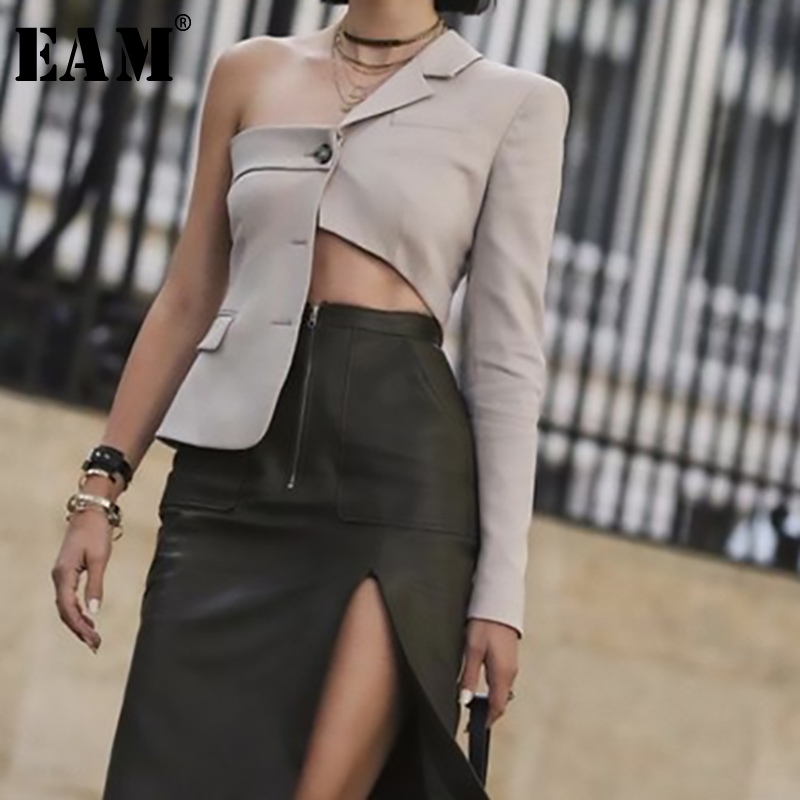 

[EAM] New Spring Autumn Lapel Long Sleeve Irregular Cut Hollow Out Personality Jacket Women Coat Fashion Tide JS707 201023, Apricot