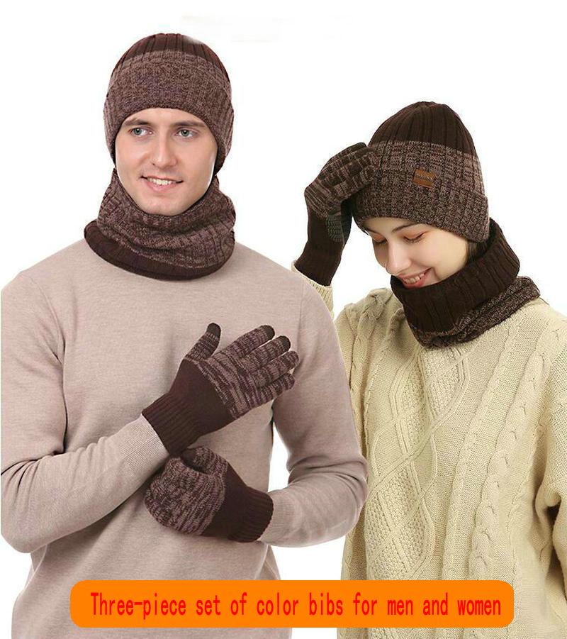 

Autumn and winter knitted double-sided color matching scarf padded scarf, hat and gloves three-piece set