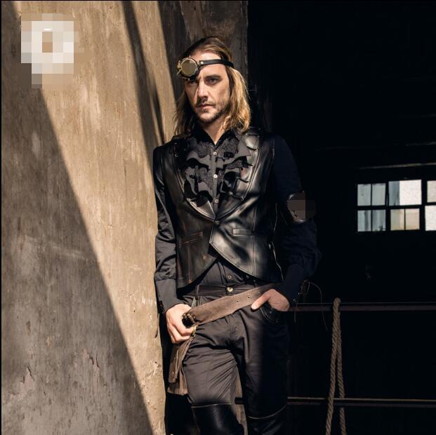 

2021 New Punk Fashion Autumn Winter, High-end Leather Clip Slim Casual Short Men with Cleavage on V-vest Men. VBVP, 11