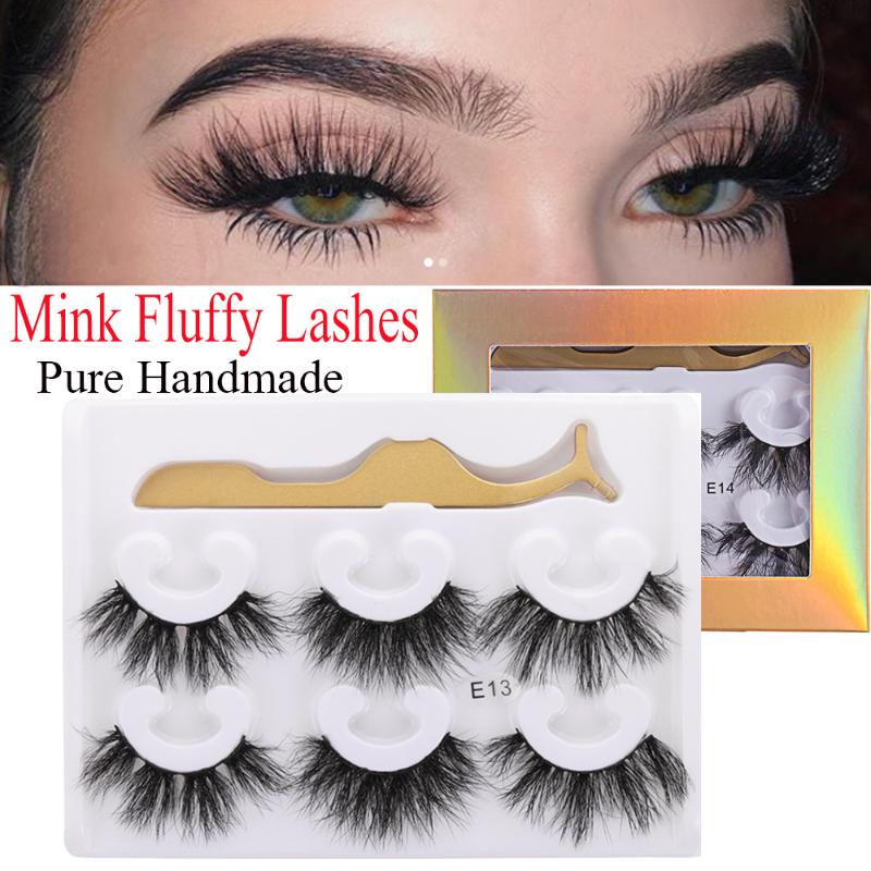 

3 Pairs 100% Mink False Eyelashes With Tweezer Wispy Natural Long Fluffy Eyelashes Handmade Cruelty-free Extension Makeup Tools