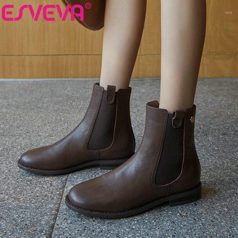 

ESVEVA 2021 Elegant Slip On Ankle Boots Women Boots Winter PU+Genuine Leather Women Shoes Round Toe Size 34-401, Black