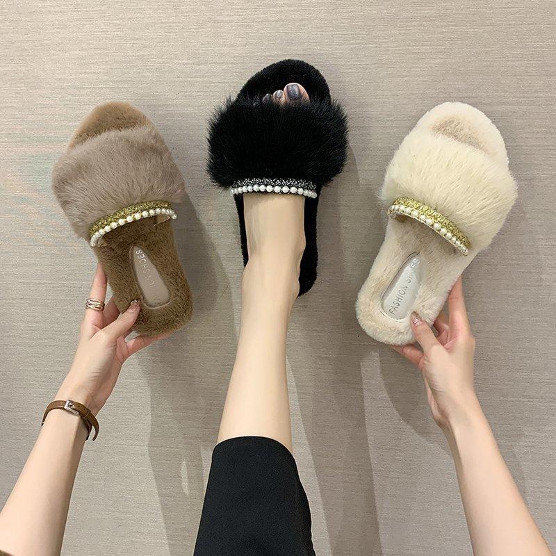 

Female Shoes String Bead Home Slippers Women's Flock Luxury Slides Platform 2020 Massage Designer Flat Rubber Fashion Basic