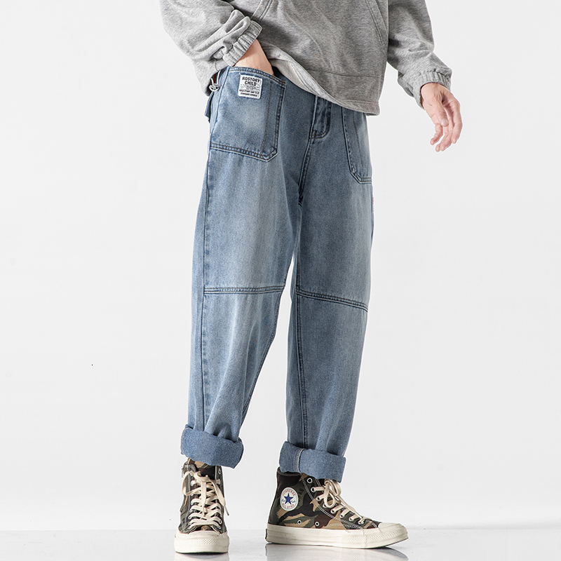 

2021 New Autumn Winter Men's Stretch Blue Trendy Hip Hop Streetwear Straight Denim Trouers 1ojc, Gk20438 2