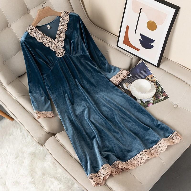 

Velvet Sleepwear Women Sleep Dress V-neck Nightdress Velour Nightgown Nightwear 2021 Autumn New Intimate Lingerie Homewear, Style a black