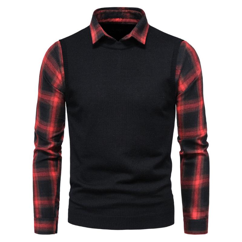 

Men's Sweater Black and Red Check Shirt Lapel Sweaters Fake Two Pieces