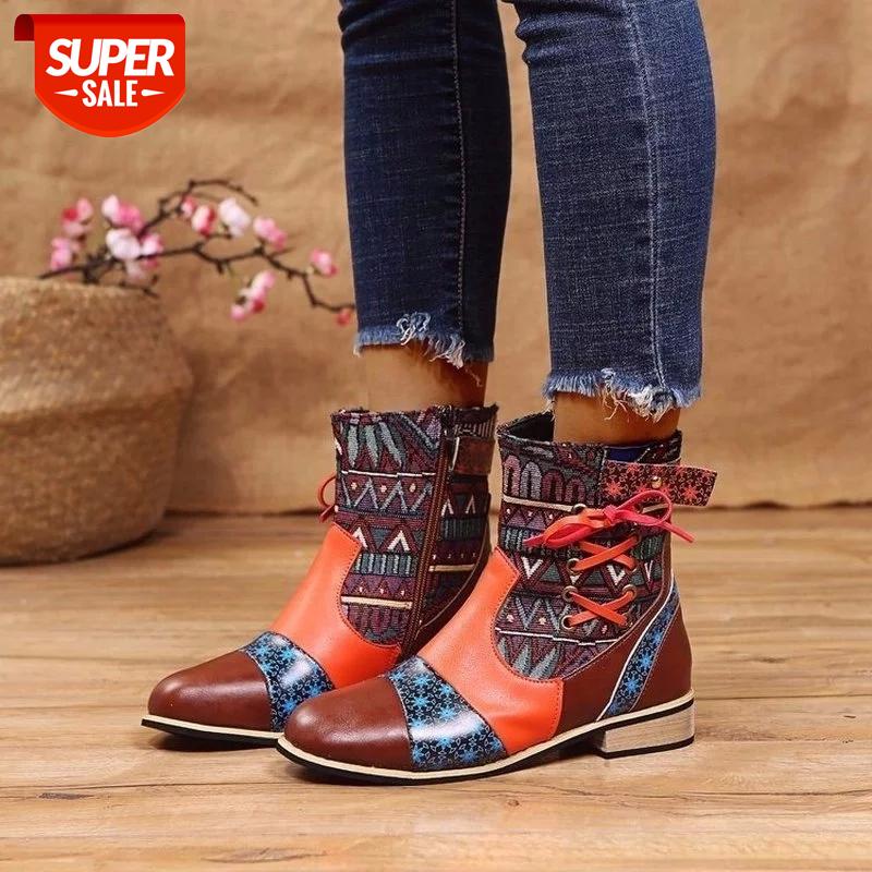 

Vintage Ladies Fashion Boots PU Fringed Cross Tied Print Patchwork Zipper Low Heel Women's Ankle Boots Floral Bohemian #Ef6T, Red