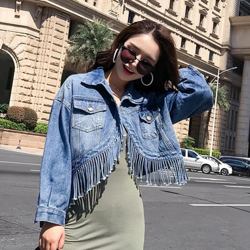 

2020 Fashion The New Slim Wild Tassel Asymmetric Denim Jacket Free Shipping, Blue
