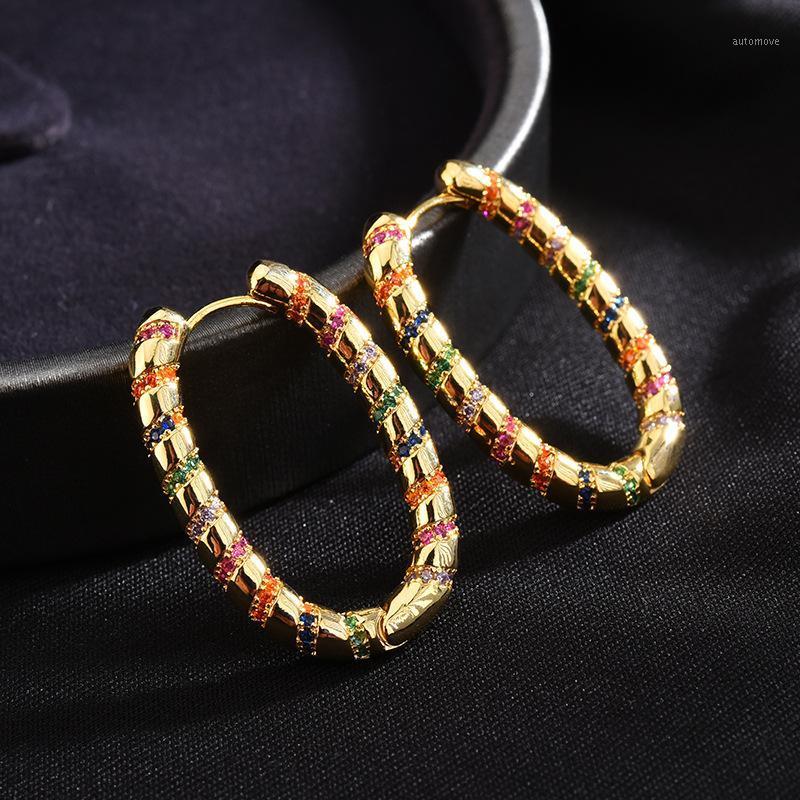 

Fashion Luxury Design Micro Zircon Stripe Colorful Zircon Geometric Earrings Vintage Exotic Oval Hoop Earrings Zk301