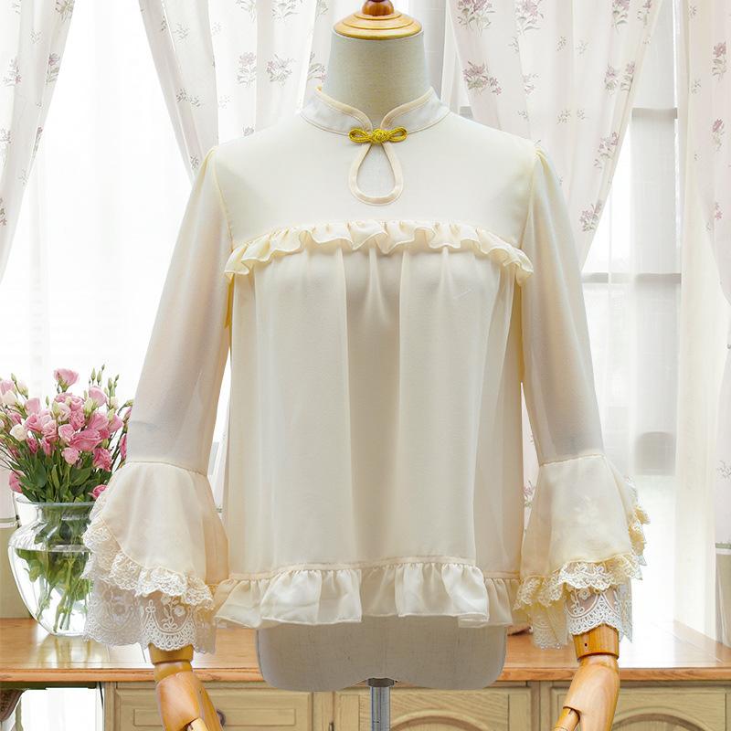 

Sweet Mandarin Collar Lolita Blouse Vintage Flare Sleeve Top, Apricot