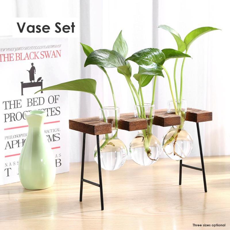 

Vintage Terrarium Hydroponic Plant Vases Flower Pot Transparent Vase Wooden Frame Glass Tabletop Plants Home Garden Decor C0125