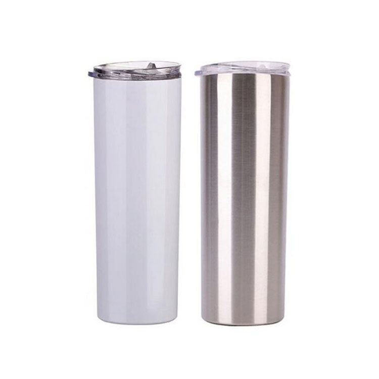 

custom 20oz 30oz sublimation straight skinny tumbler stainless steel tumbler double walled vacuum insulated with sealed lid and metal straw, Silve