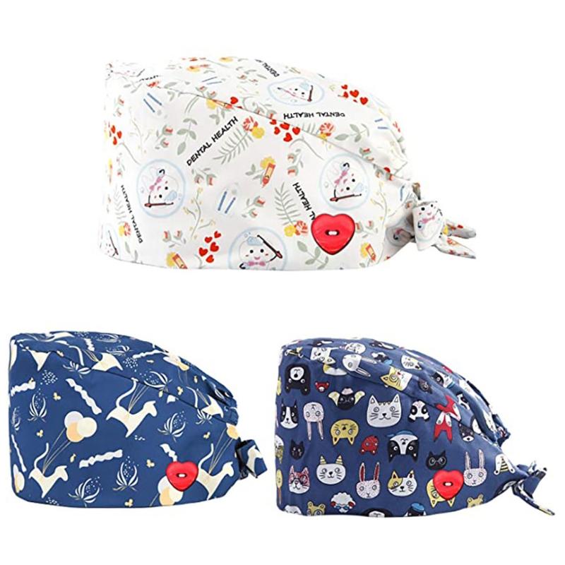 

3Pcs/Set Unisex Adjustable Working Cap with Heart Buttons Sweatband Multicolor Cartoon Animal Floral Print Dutproof Elastic