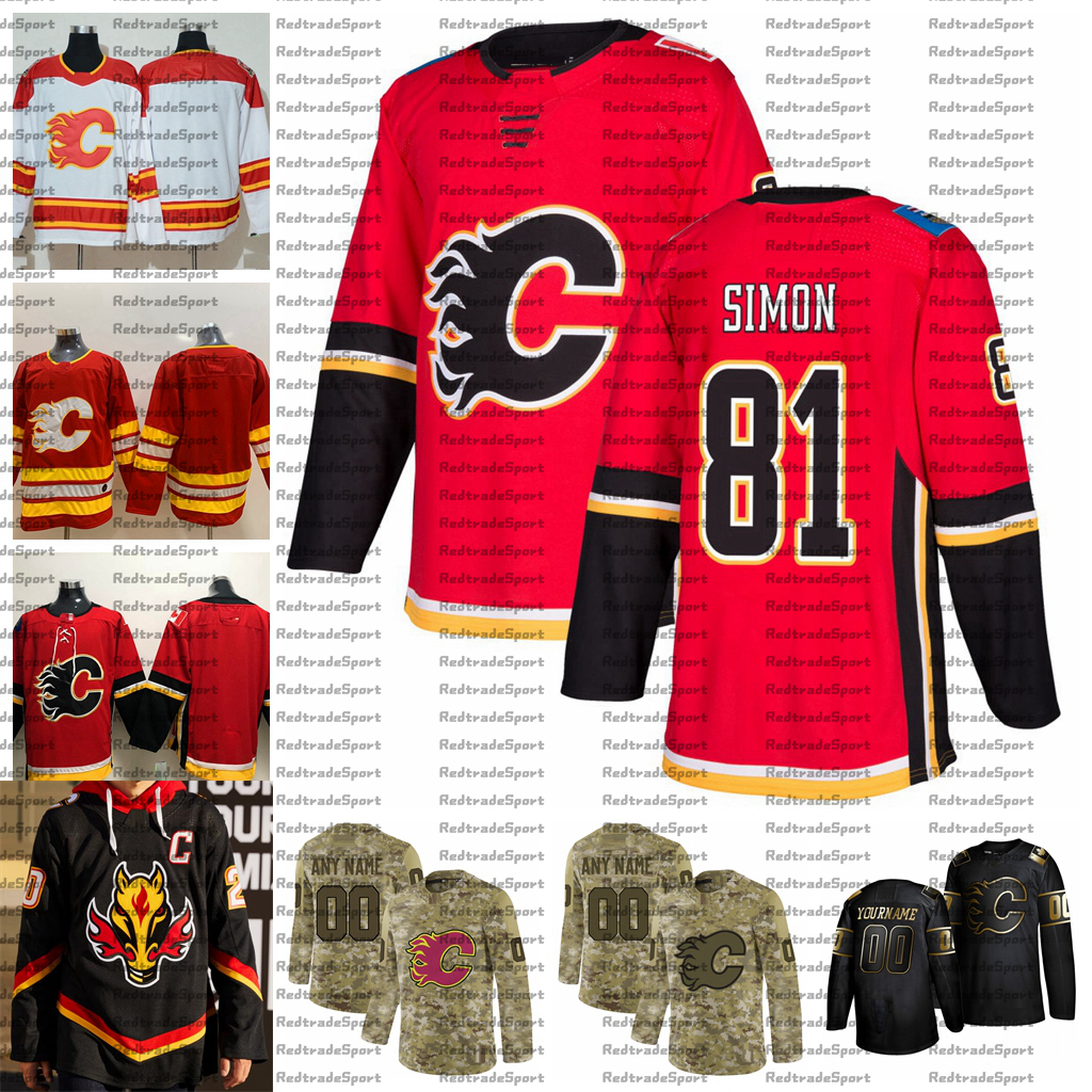 

2021 Reverse Retro Customize #81 Dominik Simon Calgary Flames Jerseys Golden Edition Camo Veterans Day Fights Cancer Hockey Jersey, Yellow