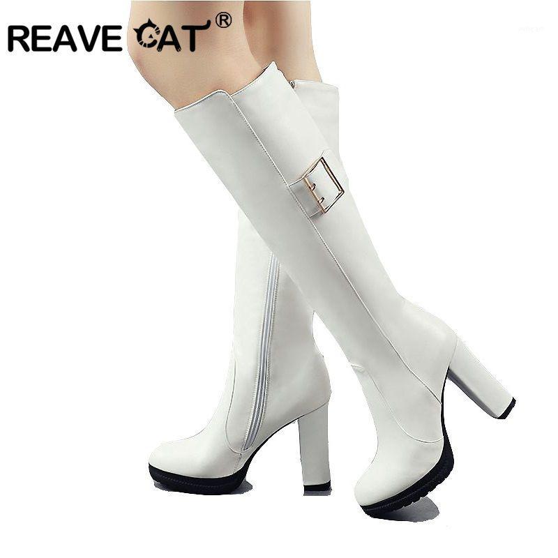 

REAVE CAT Women Knee High Boots PU Leather Slip on Synthetic Fashion Round Toe All Match Platform Ladies Long Shoes A12101, Black