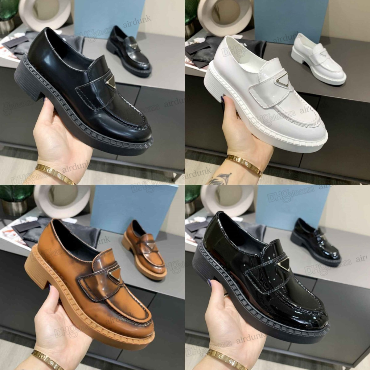 

Fashion Dress Shoes women wedding party quality leather high heel flat Shoe business formal loafer social chunky Black White 2 Color Pgraded Triangle Profile Design, Shoes box