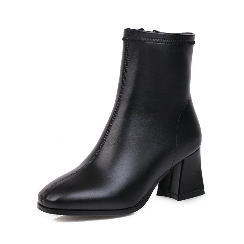 

New 2021 Autumn Winter Pu Leather Ankle Keep Warm Women Shoes Round Toe Square Heel Short Boots Big Size 34-43 Xxfp, Beige