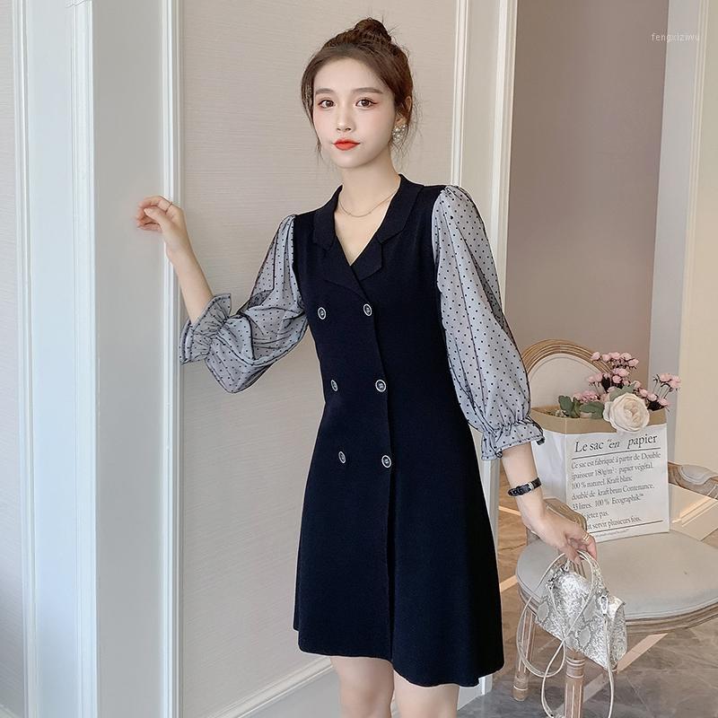 

Autumn Maternity Nursing Knitting Dress Sweet Pregnancy Lactation Clothes Polka Dot Half Sleeve Patchwork Breastfeeding Dresses1, No zip normal