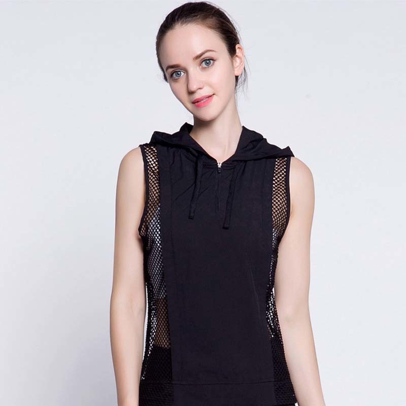 

Dry Quick Force Exercise Sporting Tops Fitness Sleeveless Hooded Vest Sexy Mesh Splice Loose Tank Top For Women DropShip Y200326, White