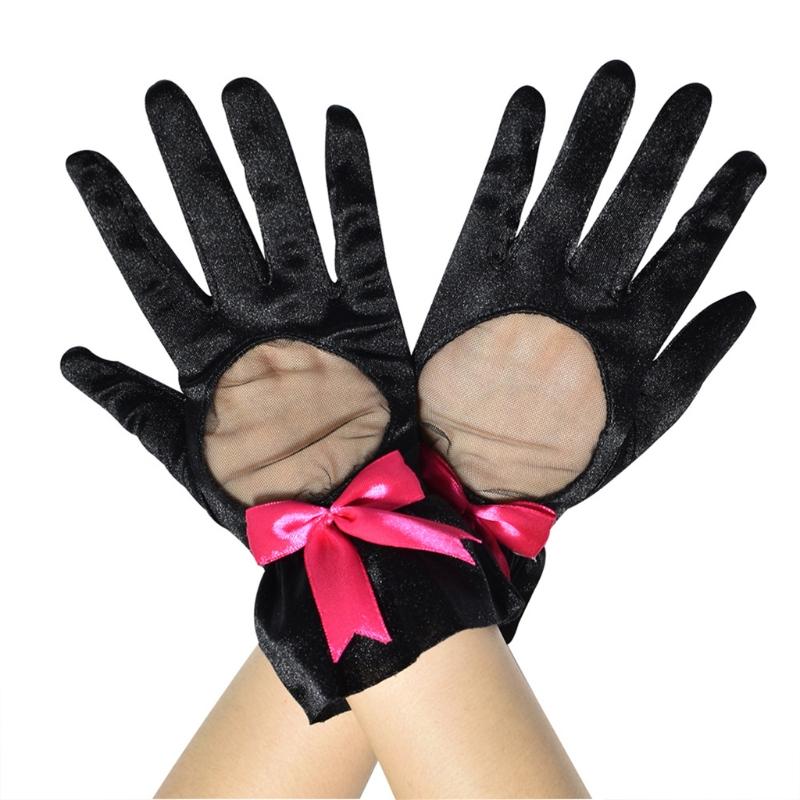 

Women Mesh Patchwork Satin Opera Gloves Contrast Color Bowknot Formal Mittens XX9D