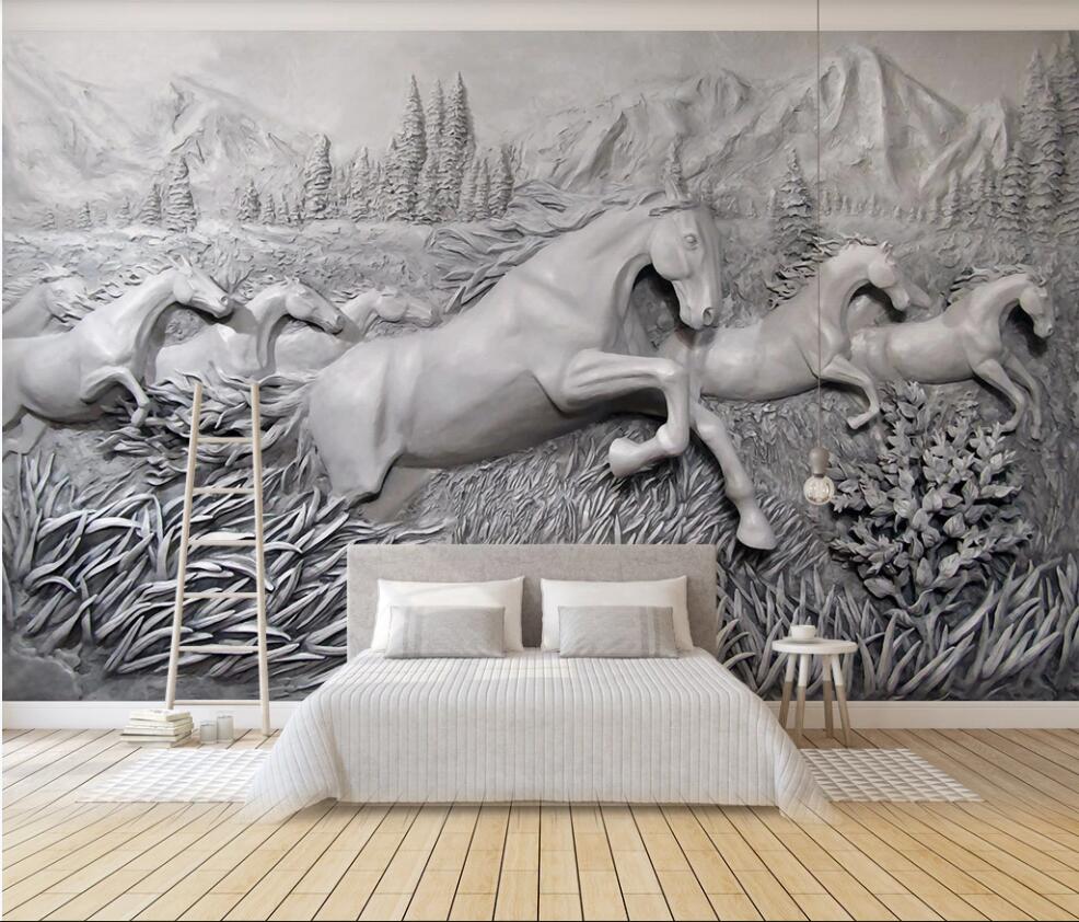 

3d wallpaper custom photo mural on the wall Relief Eight Horses Landscape home decor 3d wall murals wallpaper in the living room, Non-woven wallpaper