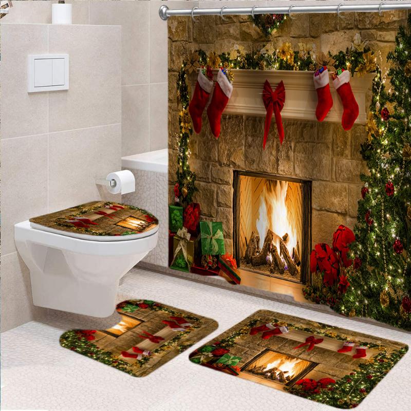 

Christmas Trees Fireplace Printed Shower Curtains for Bathroom Bathing Screen with Anti-slip Mat Carpet Toilet 3D Festival Decor