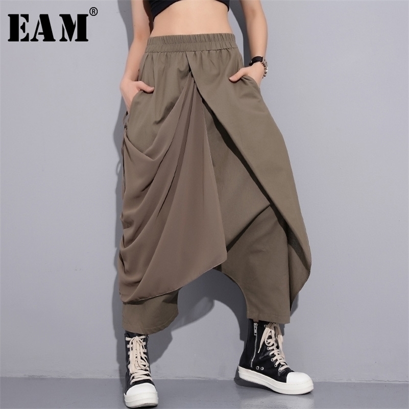 

[EAM] New Spring High Elastic Waist Black Fold Bandage Stitch Loose Long Cross-pants Women Trousers Fashion JF897 201228, Gray green
