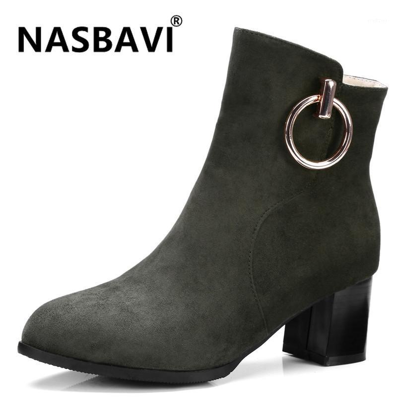

NASBAVI new 2020 Autumn Winter High Heels Pointed Toe suede Leather Zipper Exquisite metal decoration Sexy Ankle Boots1, Black