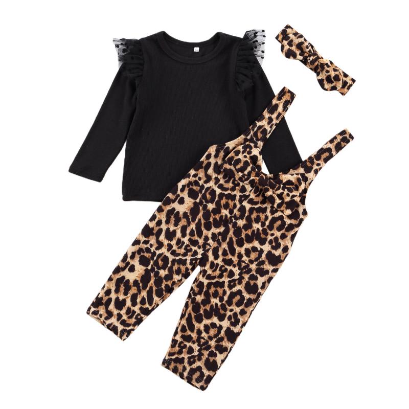 

3pcs Toddler Baby Girls Outfits Set Long Sleeve O-neck Tops with Lace Ruffles+Leopard Print Suspender Trousers+Headband Clothes, Black