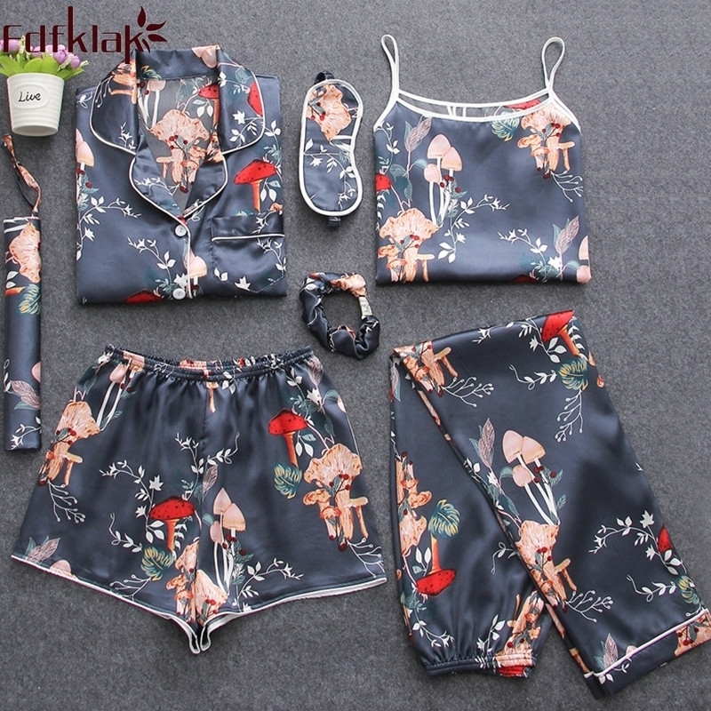 

Fdfklak Autumn New 7 Pcs Sleepwear Summer Pyjamas Women Pajamas Set Pijama Sexy Silk Floral Sleep Clothing Home Clothes 210203, Floral 1