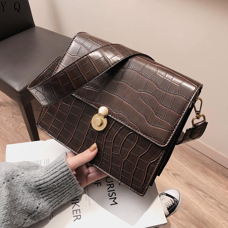 

Vintage Crocodile Pattern Shoulder Bags For Women Wide Strap Lock Design High Quality Work Ladies Messenger Bags 2021, Smooth wine red