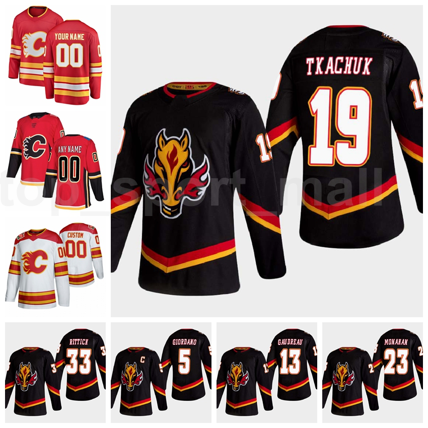 

Reverse Retro Calgary Flames Jersey Ice Hockey 19 Matthew Tkachuk 13 Johnny Gaudreau 23 Sean Monahan 5 Mark Giordano 28 Elias Lindholm, Black