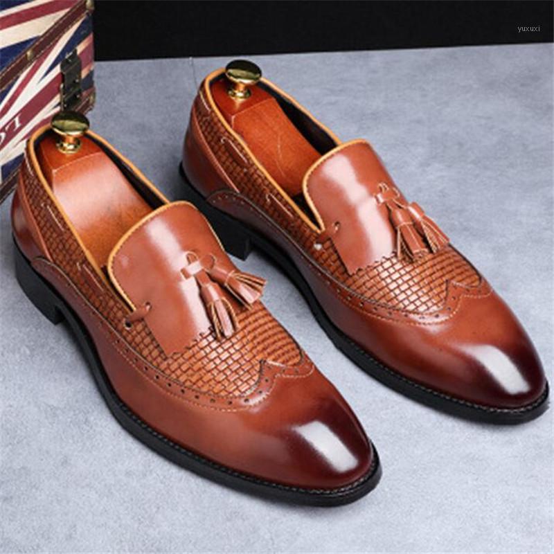 

Size 37-48 Men Genuine Leather Party Dress Shoes Brogue Style Fashion Tassel Wedding Shoes Elegant Pointed Toe Business1, Black