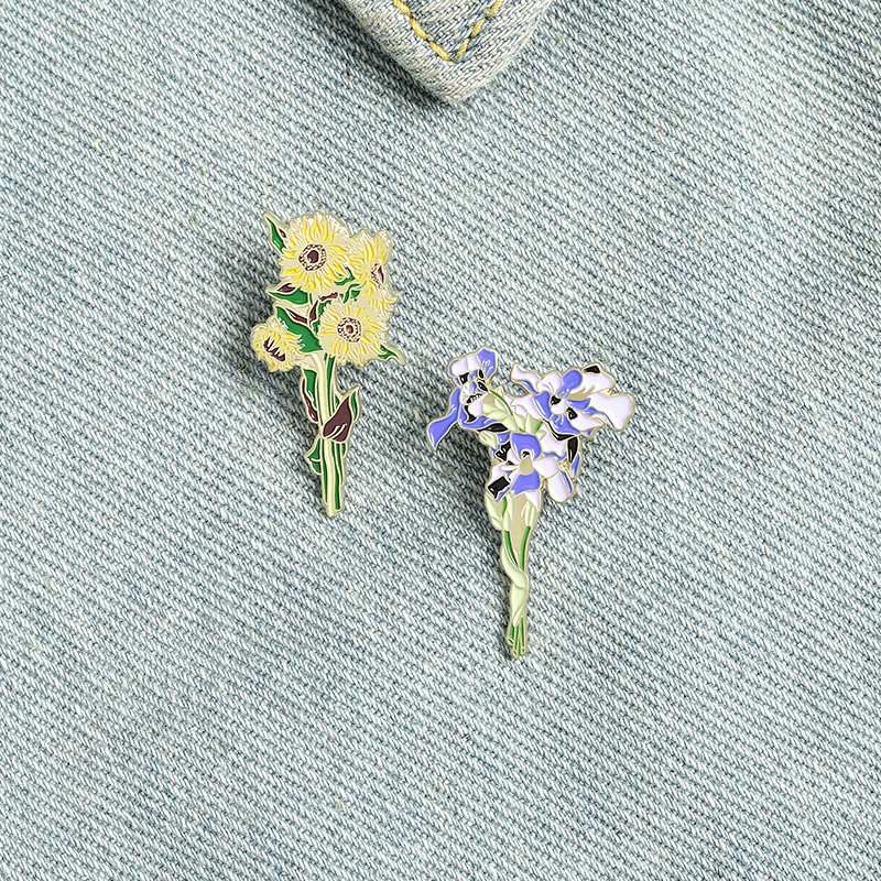 

Artistry Romantic Flowers Enamel Pins Colors Elegant Beautiful Iris Sunflowers Brooches Jewelry For Clothes Bags Gift Party Friends, Gray