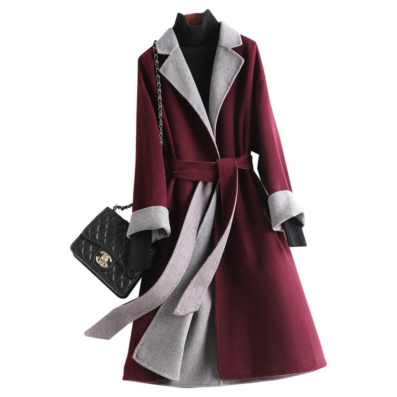 

Double-sided Quality Fashion Wool High Vintage Contrast Coat Women Autumn Mid-length Slim Female Jackets Femme Veste Zjt352, Wine red