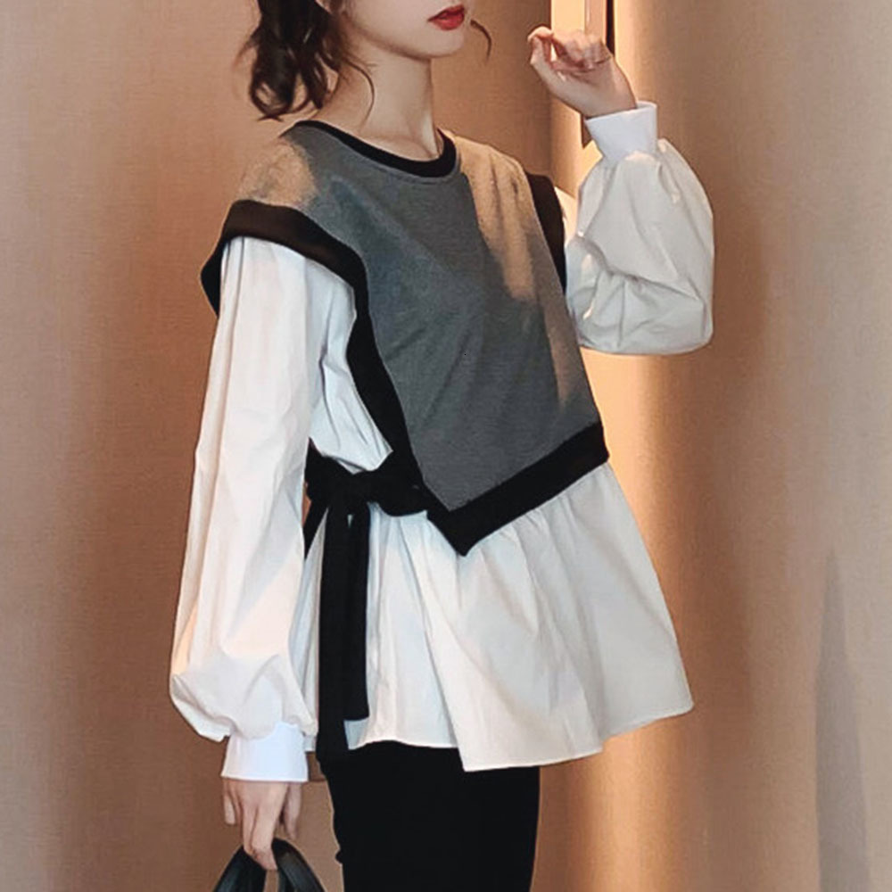 

2021 New Korean Women Blouse Loose Spring Summer Office Lady Lantern Sleeve Tops Girls Blouses Shirts 94CQ, Gray