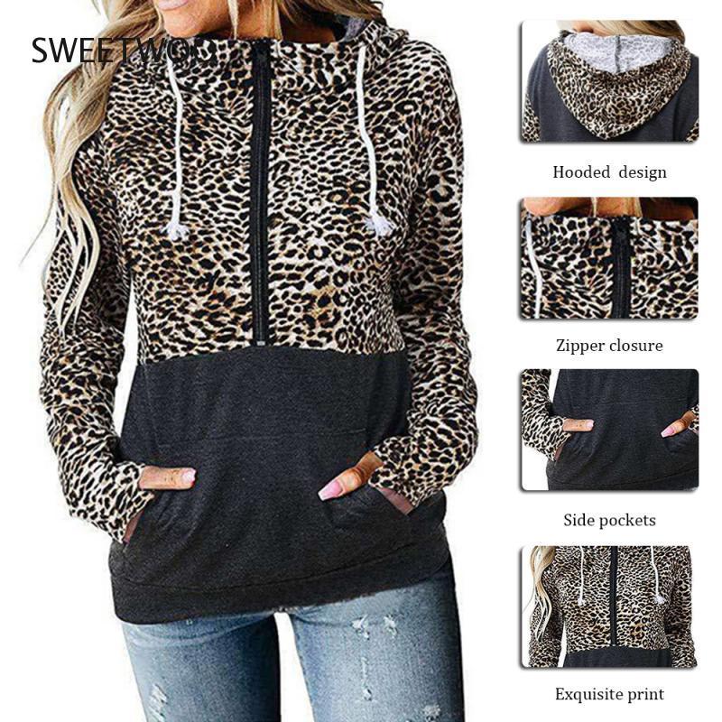 

Women Casual Leopard Printed Hooded Zipper Long Sleeves Sweatshirt Tops with Pocket Autumn Winter Stitching Women' Sweatshirt, Zebra