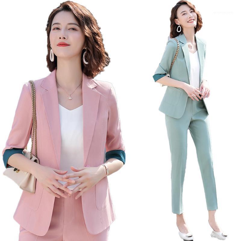 

New 2020 Casual Pink Blazer for Women Pant Suits Half Sleeve Jacket Sets Ladies Work Wear Business Clothes Suits Office Sets1, Green pant set