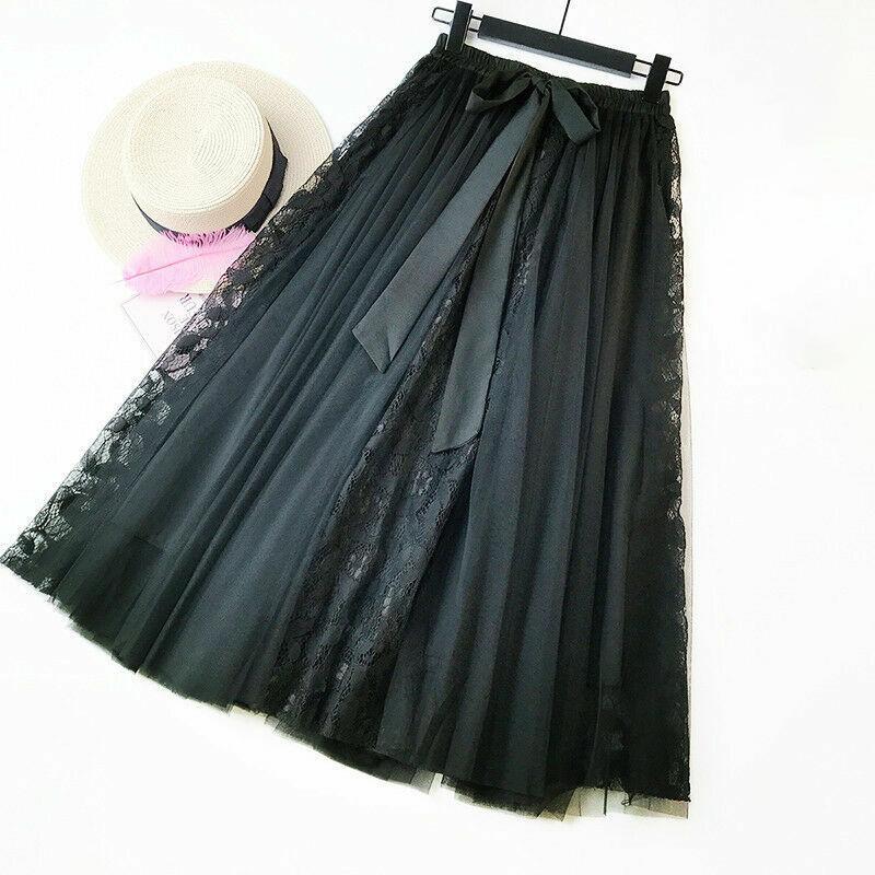 

Women Lace Floral Tulle Skirt Swing A-line Layered Casual Summer Cocktail Party, Black