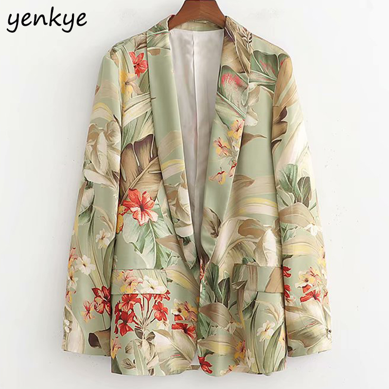 

Fashion Floral Print Blazer Women suits Lapel Collar Long Sleeve Cardigan Office Ladies Blazer Mujer XDWM1946 201114, Beige