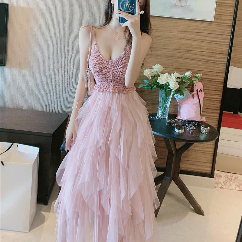 

Women Cascading Ruffles Knitting Mesh Patchwork Princess Party Dress New 2020 Summer Sweet Girl Backless V-neck Long Dress, Beige