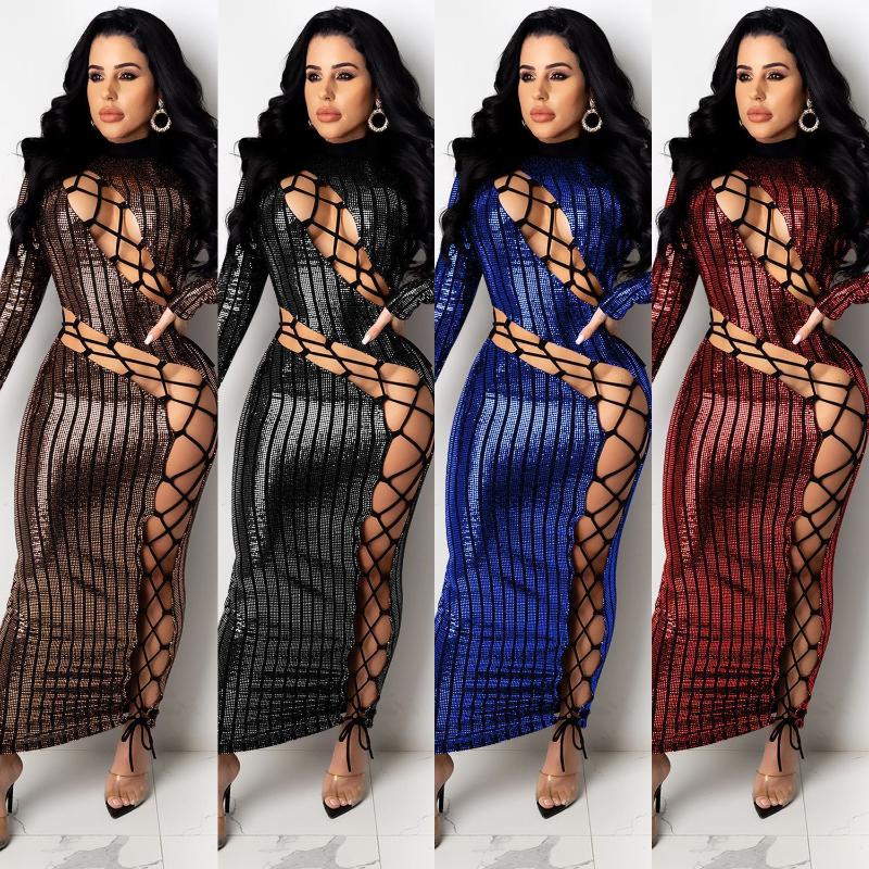 

Casual Dresses Sexy Bandage Sequin Dress Women Party Night Clothes Hollow Out Bodycon Plus Size Turtleneck Clubwear Long Sleeve, Blue
