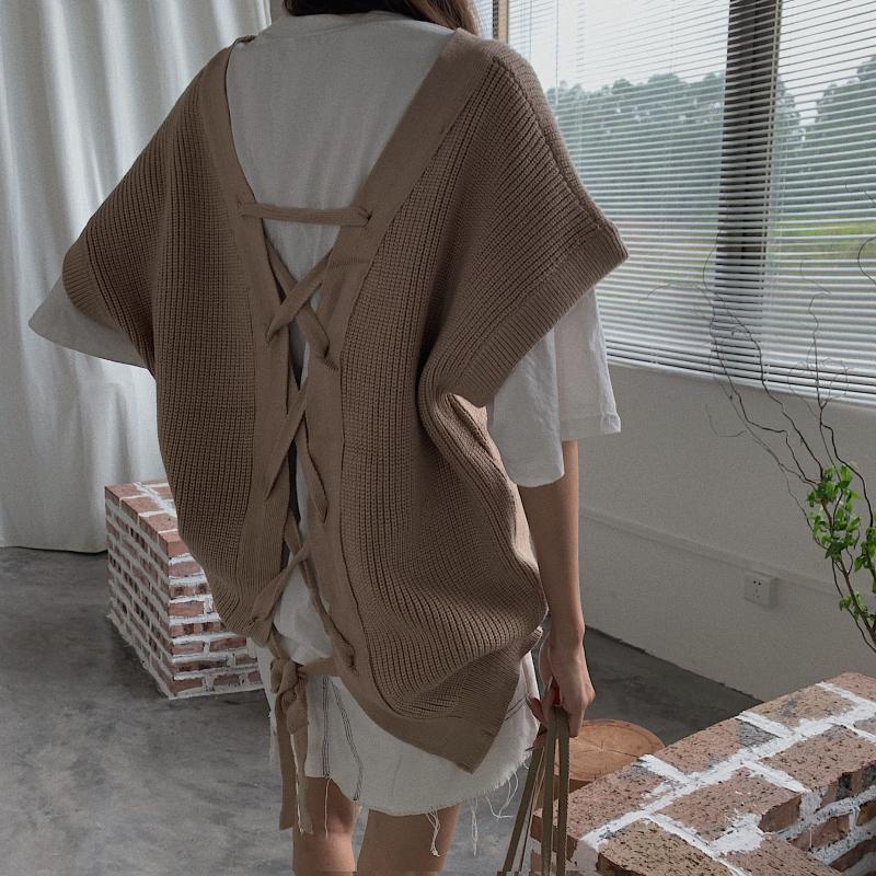 

Autumn Winter Korean Sweater Vest for Women Streetwear Back lace up Pullover Vest Knitted Sleeveless Jecket chaleco punto, Khaki