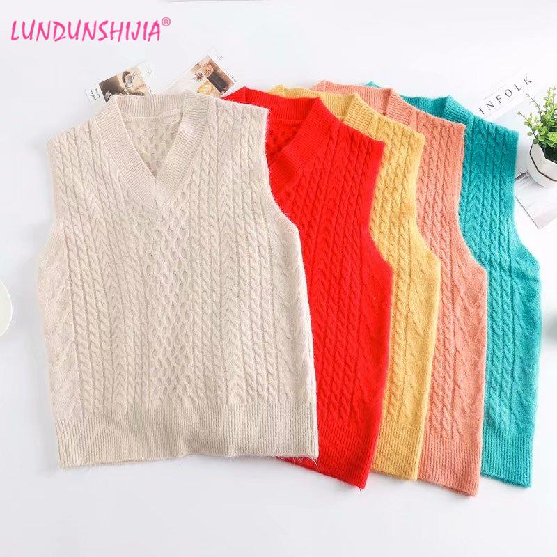 

LUNDUNSHIJIA Women Knitting Vests 2020 New Arrival Spring Autumn V-Neck Sleeveless Sweaters Vest 5 Colors, Color 3