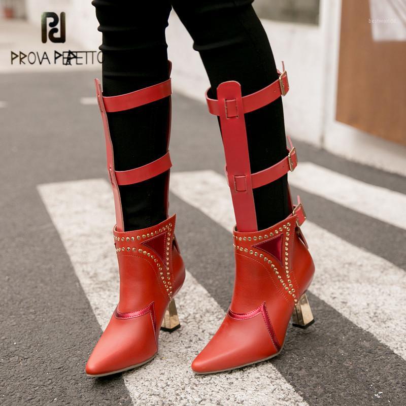 

Prova Perfetto Two Wear Women Summer Boots Pointed Toe Rivets Studded High Heel Boot Female Riding Boots Straps Botas Mujer1, Red