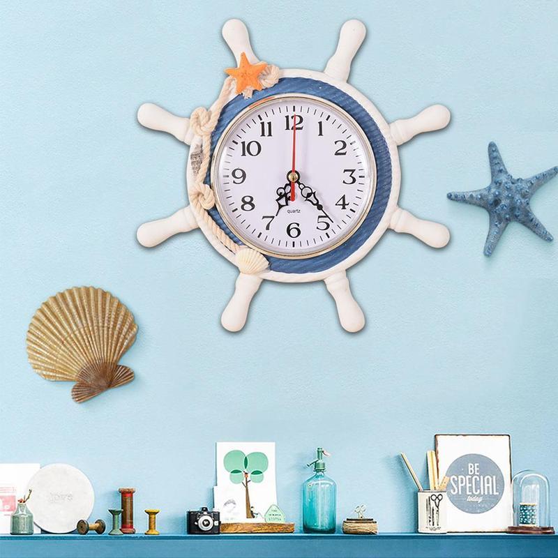

Well Shape Clock Beach Sea Theme Wheel Rudder Steering Wheel Decor Wall Hanging Antique Clocks Decoration