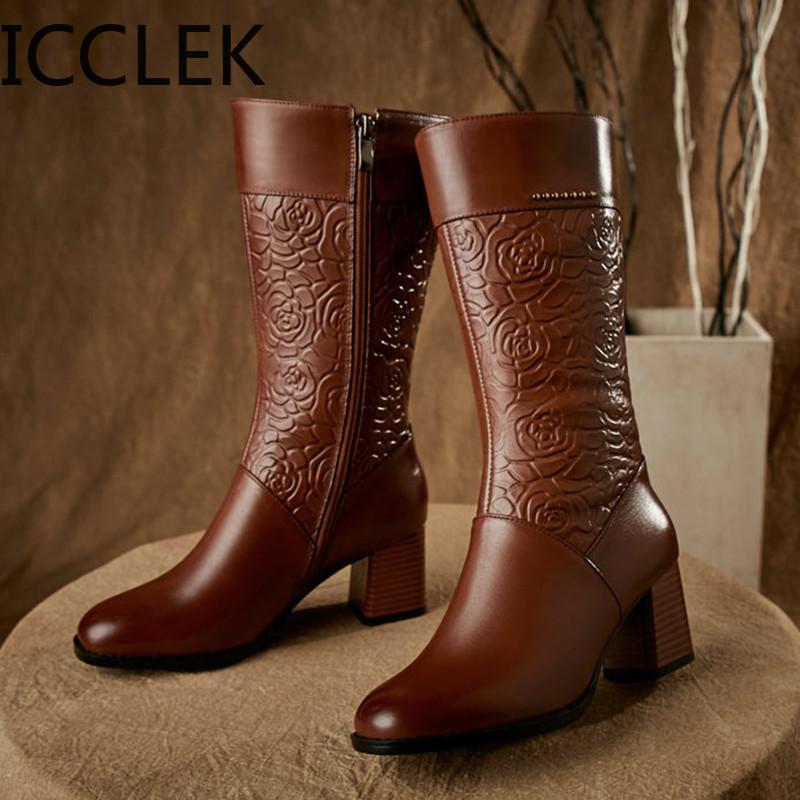 

Women Leather Boots Winter Party Boot 2020 Stylish Mid Tube Floral Fretwork High Heel Shoes Warm Fur round Toe Wedding Botas, Black