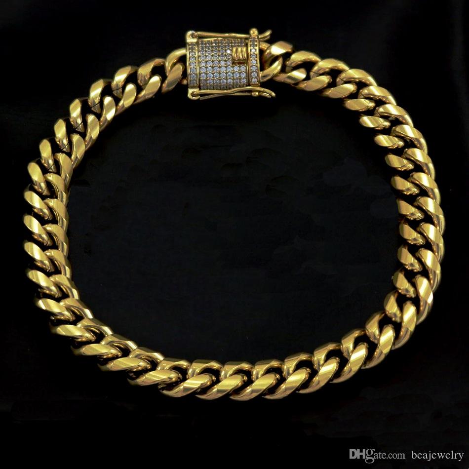 

Hip Hop Jewelry New Fashion Charm 10mm Mens Cuban Miami Link Bracelet Rhinestone Clasp Iced Out Gold Silver Stainless Steel Chain Bracelet